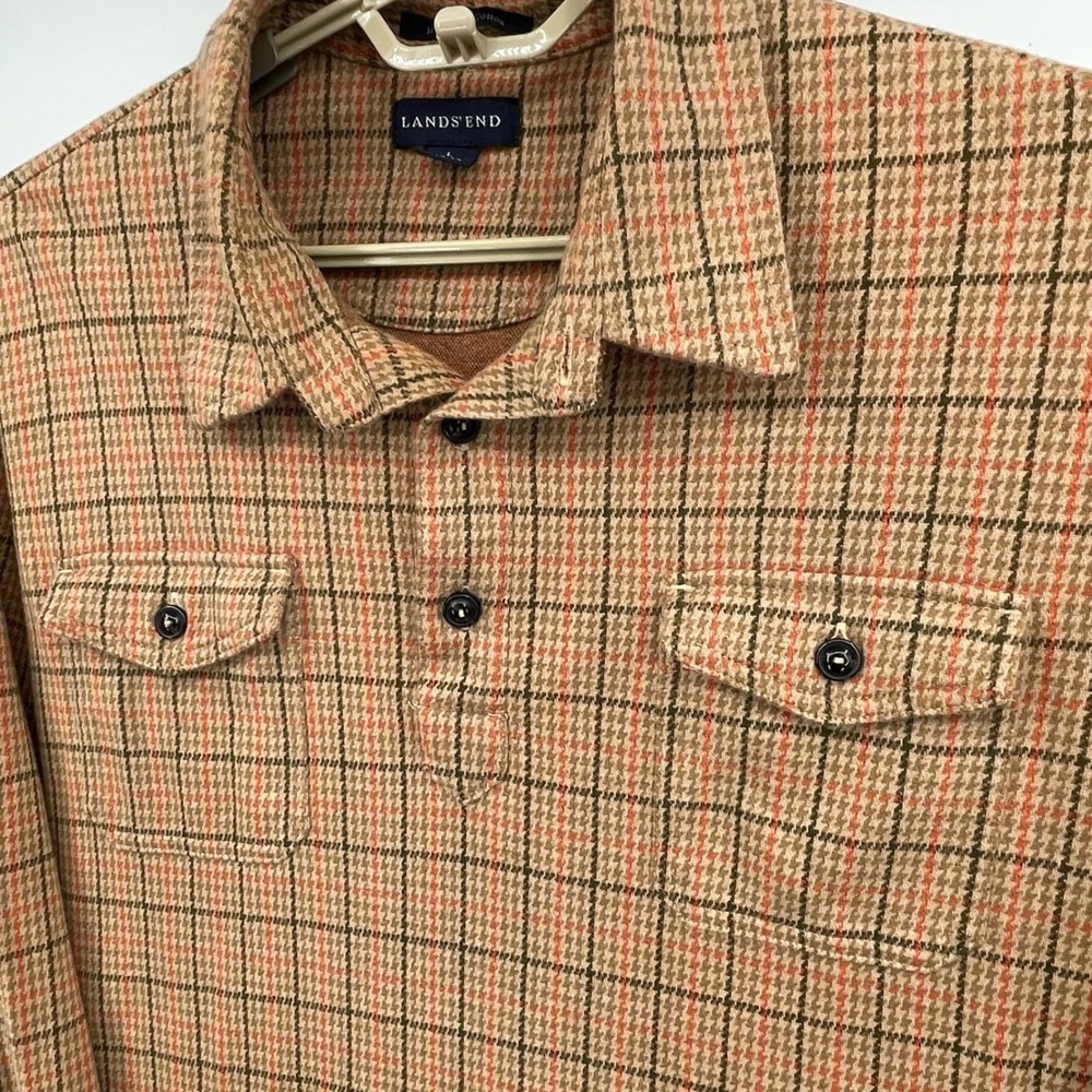 Lands End Mens Plaid Long Sleeve with Elbow Patches Shirt Pima Cotton Size L
